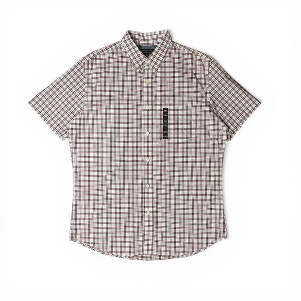 바나나리퍼블릭 레드 화이트 체크 배색 원포켓 스탠다드핏 반팔 셔츠 L
