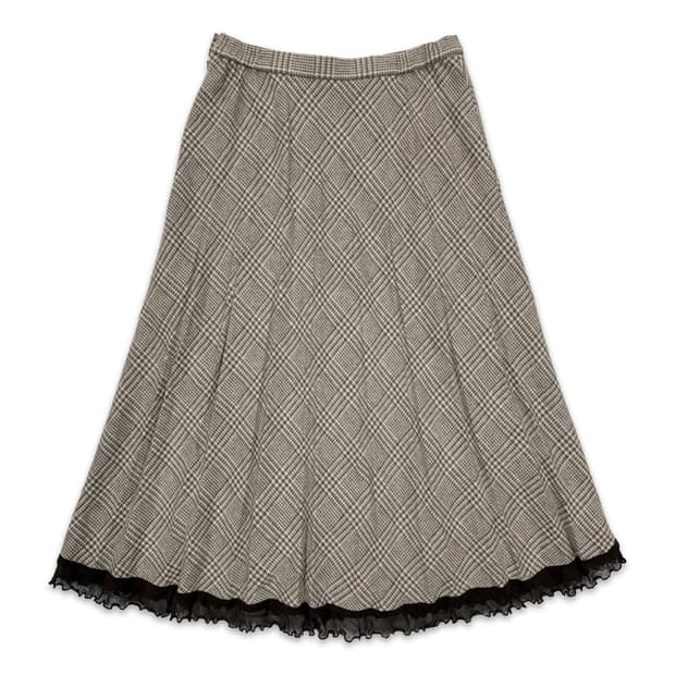 빈티지 브라운 체크 레이스 롱 스커트