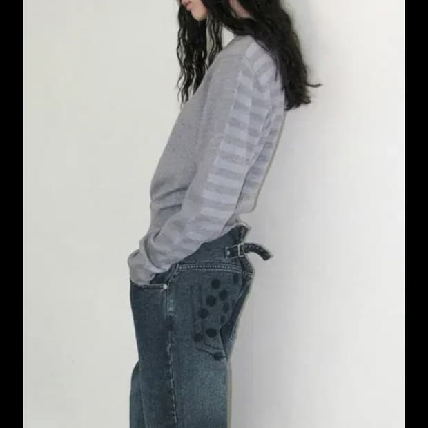 새제품/ 파르티멘토 우먼 스트라이프 니트 스웨터 그레이 멜란지 콘트라스트