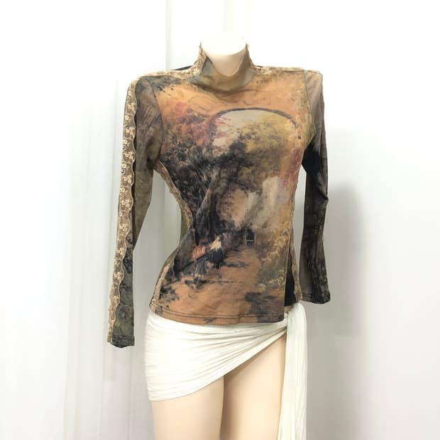 lace trimming printed mock neck top 