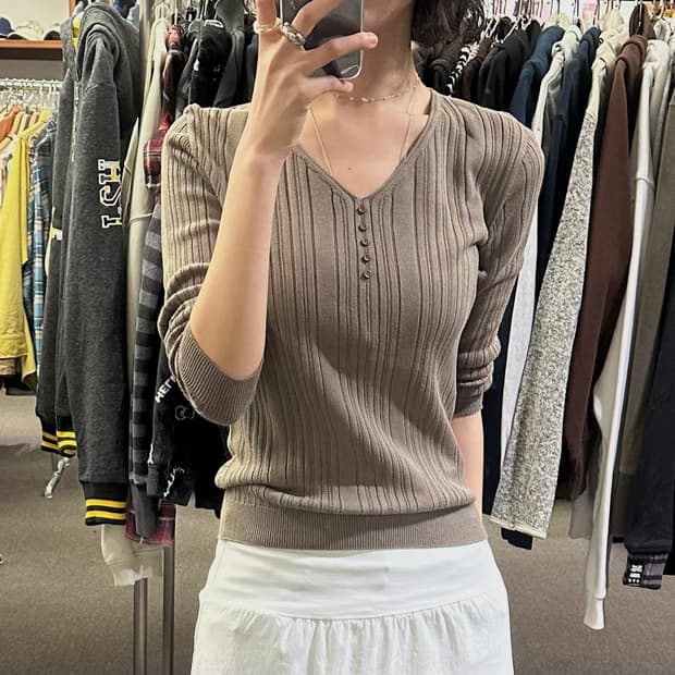 38)Japanese vintage 여성 v넥 버튼 니트 탑