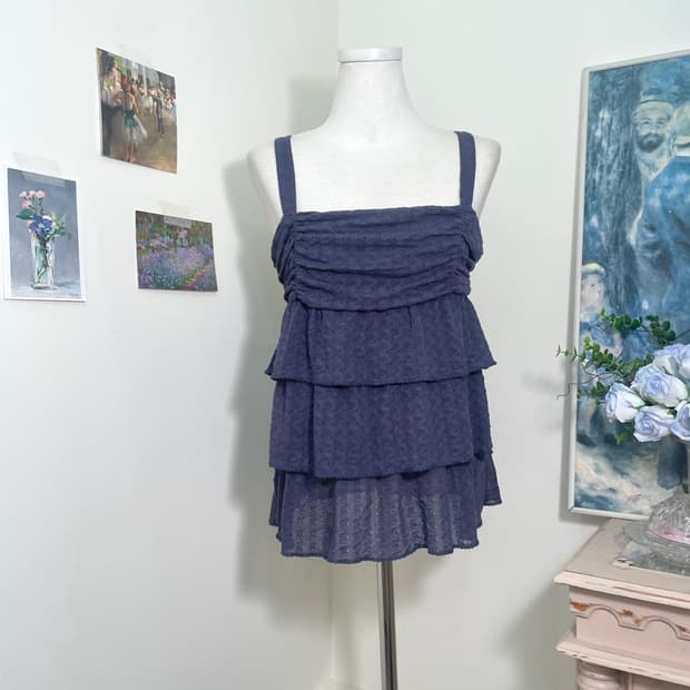 KUMIKYOKU navy crochet lace shirring sle