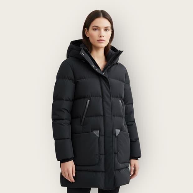 S/ 맥케이지 레더 트리밍 다운 후디드 패딩점퍼