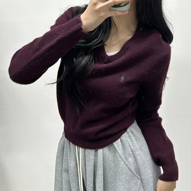 폴로 랄프로렌 버건디 램스울 100% 브이넥 걸즈 니트(M)