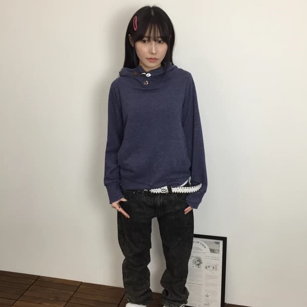 Jpn Cowl Neck Button Hoodie Navy