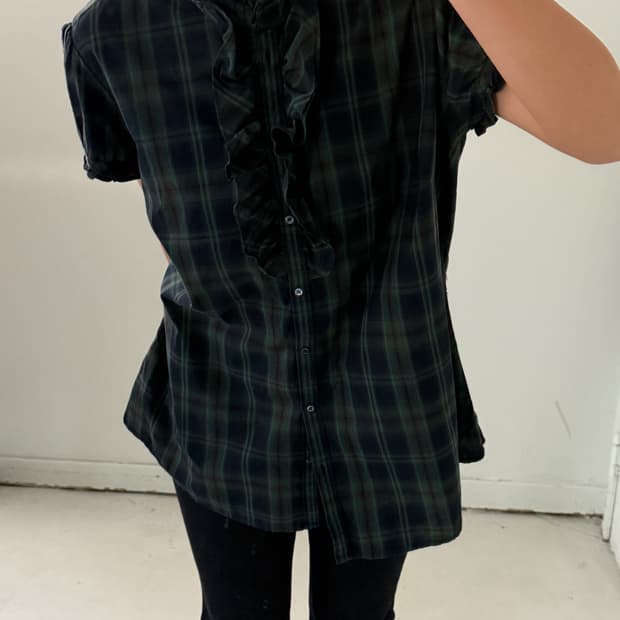 일본빈티지 Gap 타탄체크 프릴 반팔블라우스