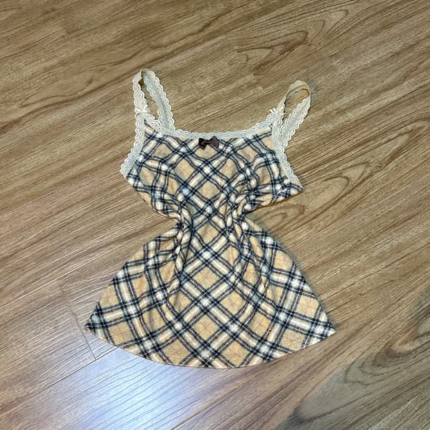 빈티지 브라운 체크 리본 나시 슬리브리스 히메갸루 로걀 라떼 긱시크 고딕