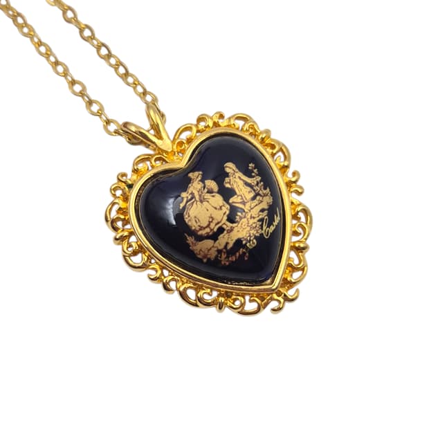 70s 프랑스 리모지 엔틱 캐슬 하트 도자기 목걸이