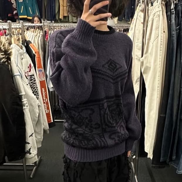 OS)Japanese vintage 패턴 퍼플 니트 (핀홀)