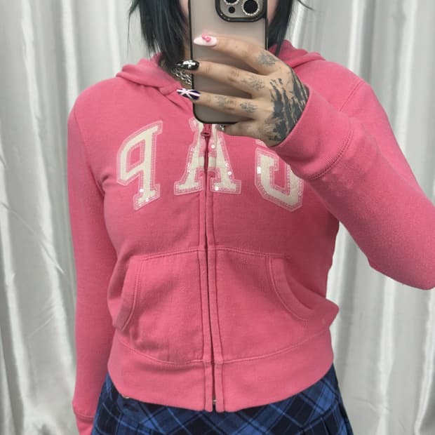 GAP hot pink crop hood zip-up