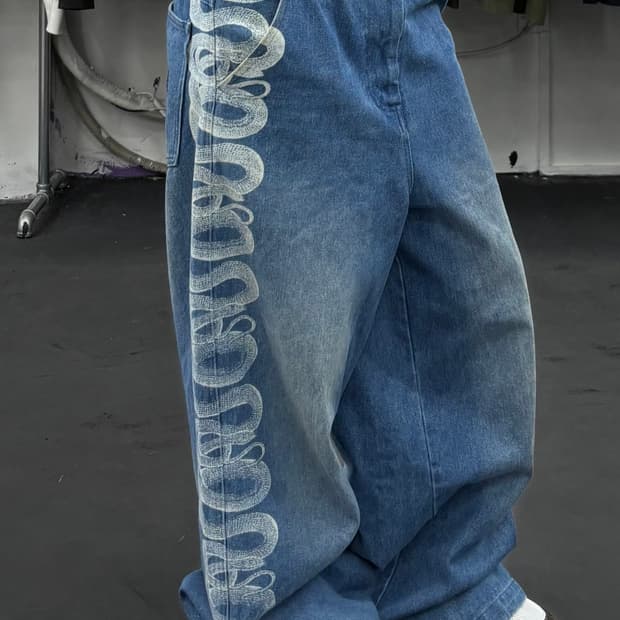 히스테릭 글래머 X 겐자이 스네이크 배기 데님팬츠