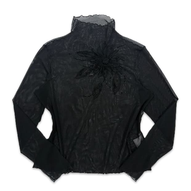 빈티지 Chamois 블랙 시스루 비즈 자수 레이어드티