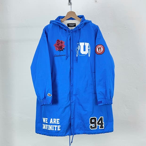 언더커버 19AW 네온 블루 로즈 프린팅 랑게 후디 레인 코트 자켓