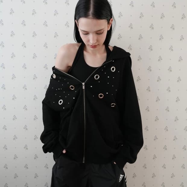 페인츄얼 스터드 써클 링 후드집업 블랙