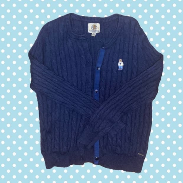 후아유 가디건 네이비 베어 로고 꽈배기 니트 