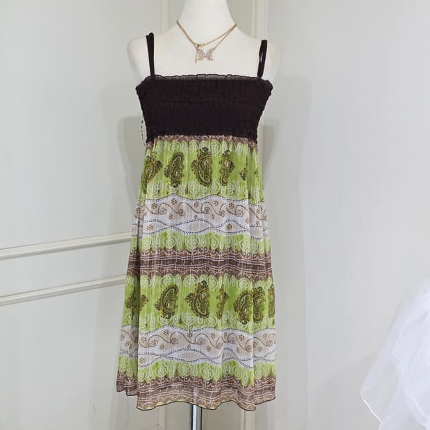 일본빈티지)페이즐리 오리엔탈 에스닉 그린브라운 모리걸 슬리브리스원피스