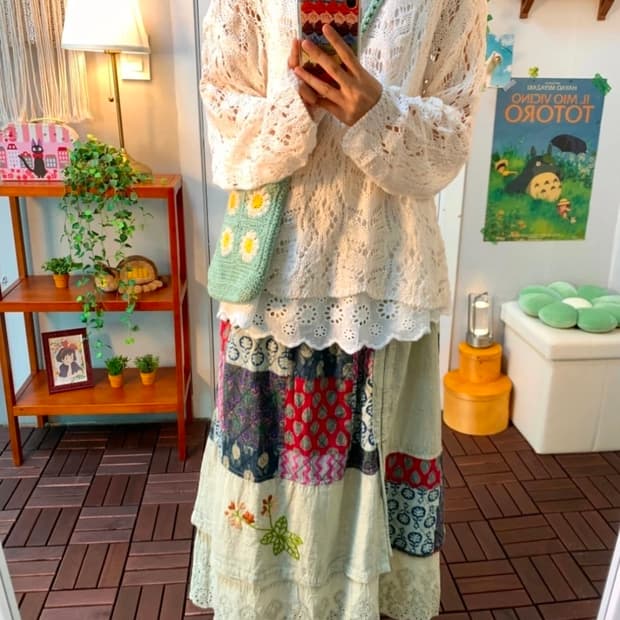 모리걸 유니크한 패치 롱스커트 롱치마 빈티지 일본 스타일 코디 레이스