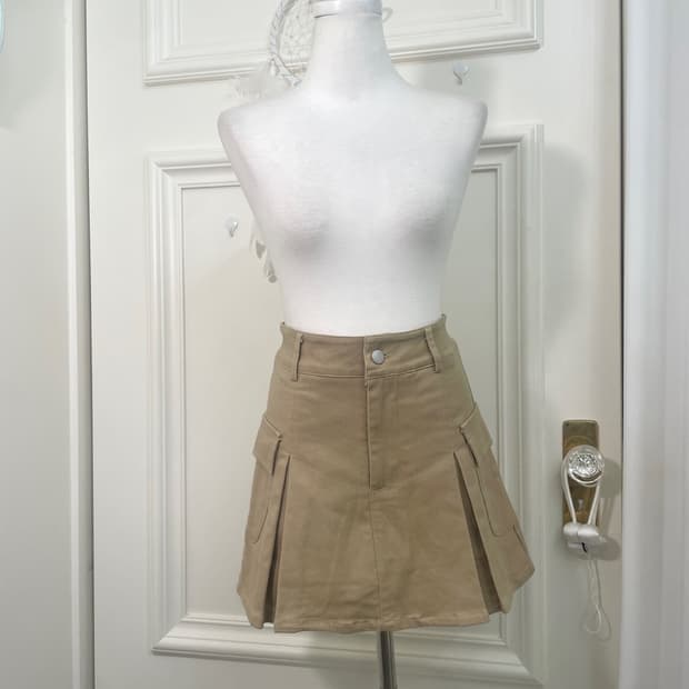 beige pleats cotton mini skirt(size-M)