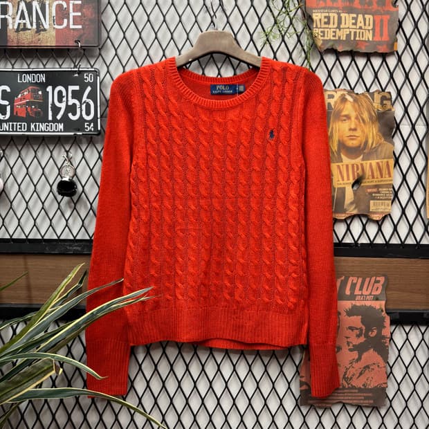 폴로 랄프로렌 케이블 니트 네이비 포니 포인트 레드