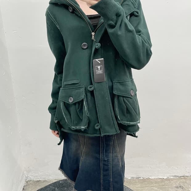 톰보이 딥그린 러프 디테일 후드집업 