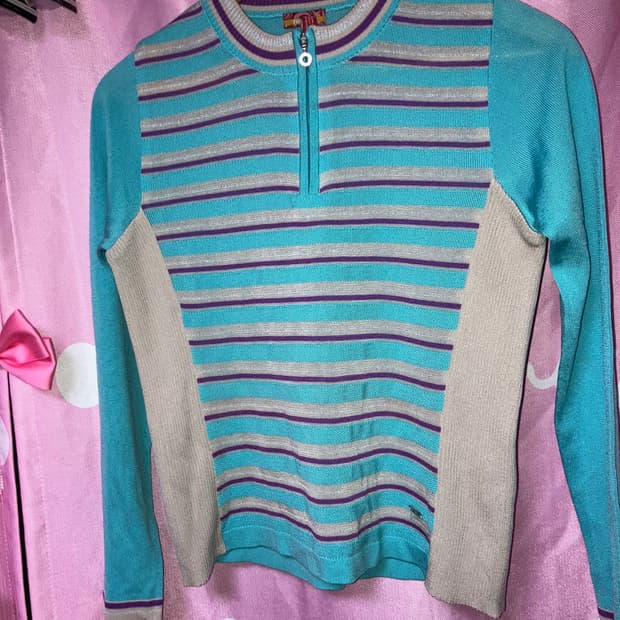 jpn 민트 스트라이프 반집업 니트