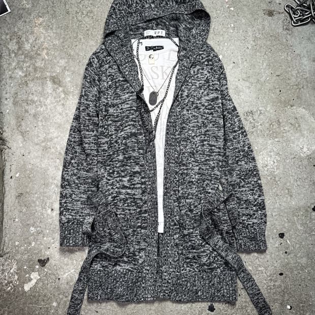 Melange gray knit hooded cardigan
