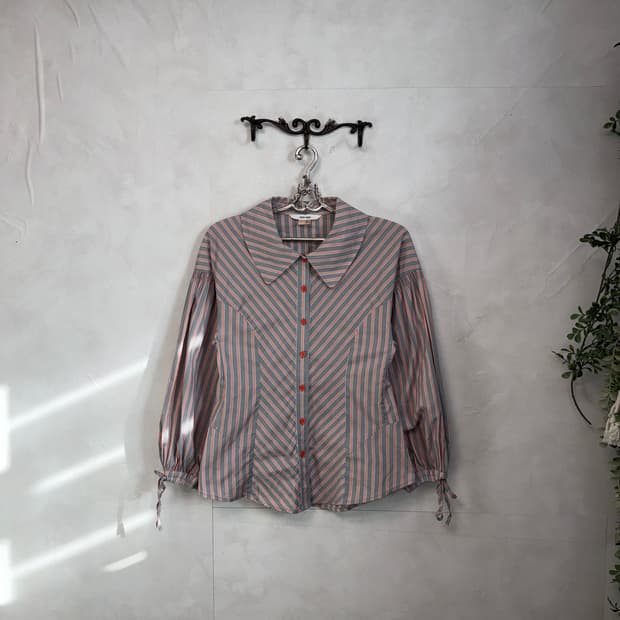 Orange gray stripe balloon puff blouse