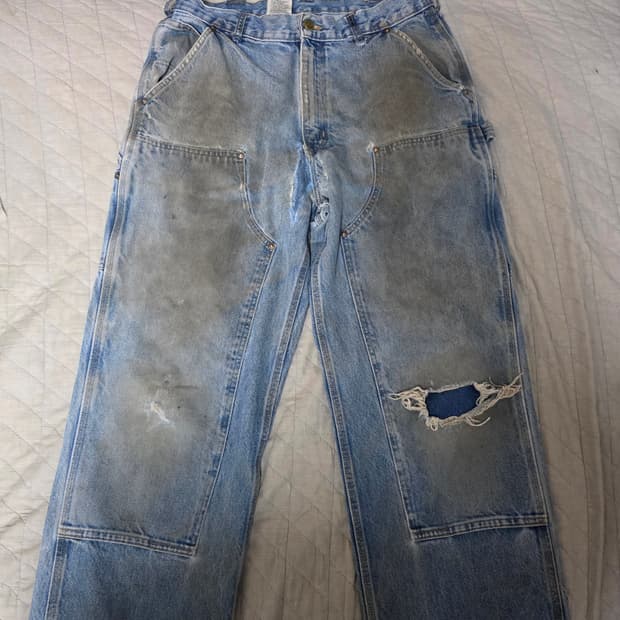 [34X32] 빈티지 칼하트 더블니 B73 DST 데님팬츠 헬 트래쉬드