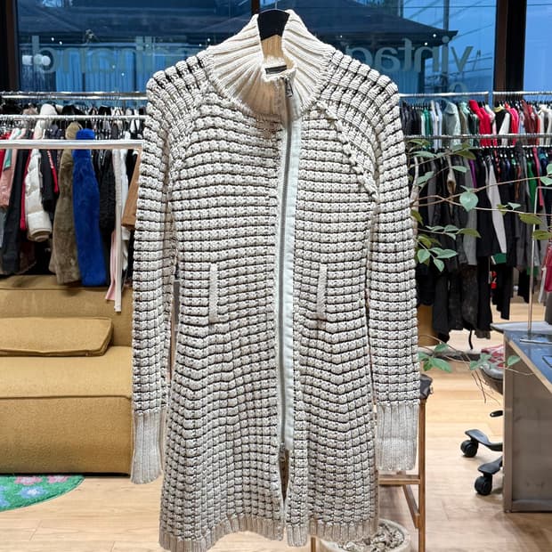 아르마니 익스체인지 아이보리 체크 니트 집업 자켓 