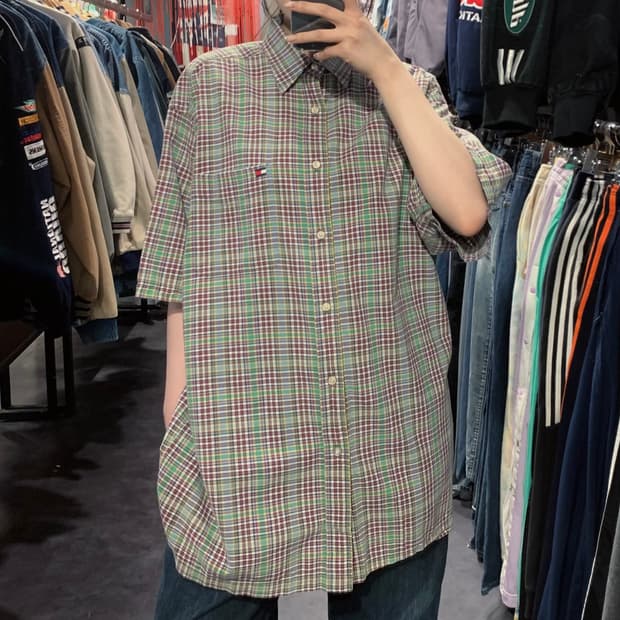 [IM] 타미힐피거 체크 반팔 셔츠 그린