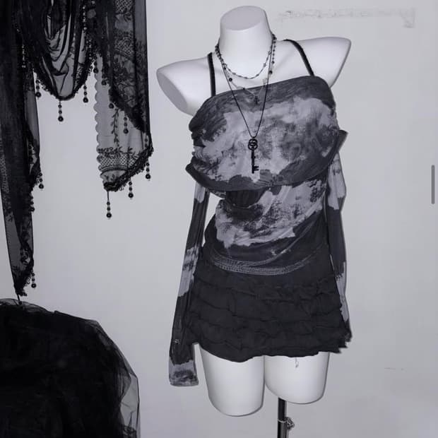 타이다이 그런지 매쉬 시스루 오프숄더 탑