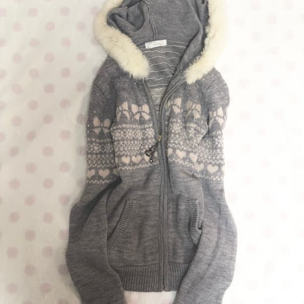 핀터레스트 일본빈티지 딸기우유 리본 퍼 니트 후드집업 히메갸루라떼갸루