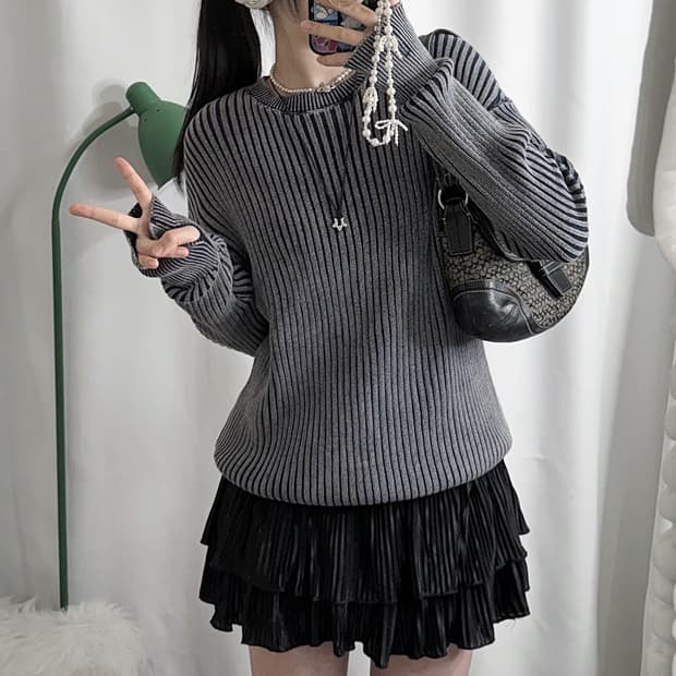 블루 그레이 워머 골지 니트