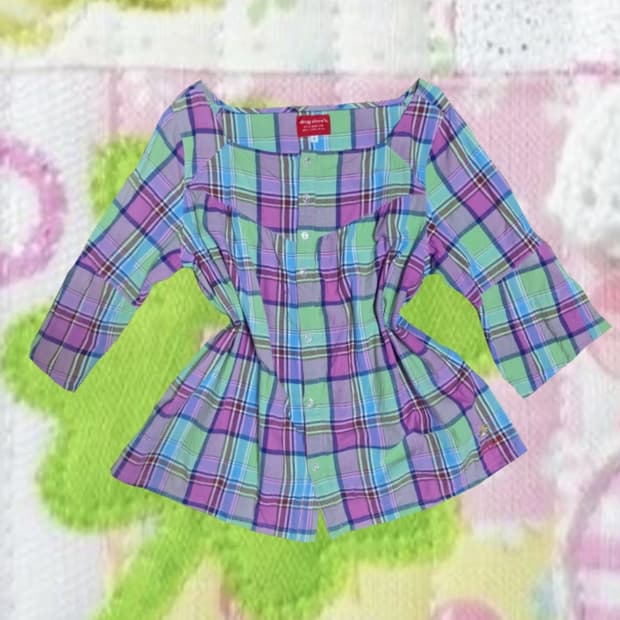 일본 빈티지 모리걸 드럭스토어 그라데이션 체크 블라우스 아오이유우