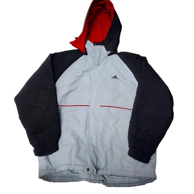 [아디다스] 그레이 블랙 배색 후드 퀼팅 패딩 점퍼 XXL(110)