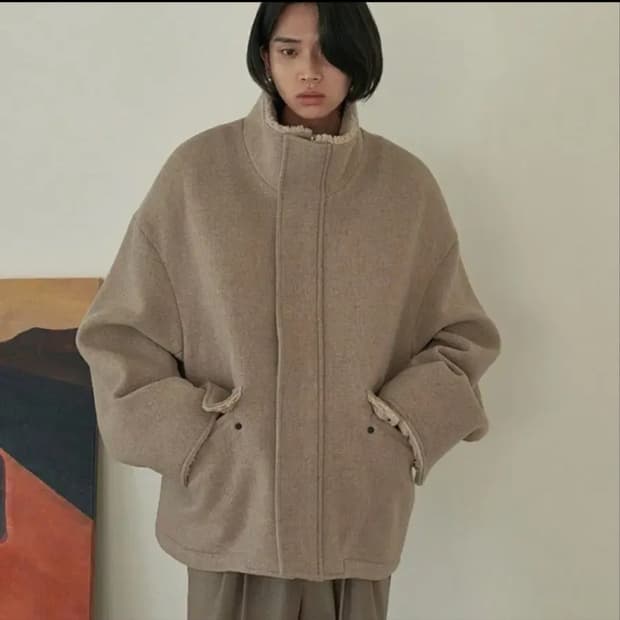 LEARVE 르아브 오버핏 무스탕 하프 코트 M 오트밀