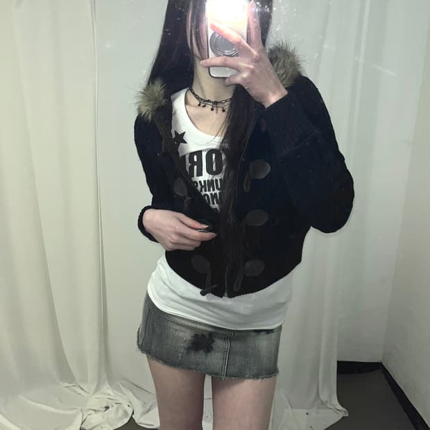 울프죠 꽈배기 니트 후드집업