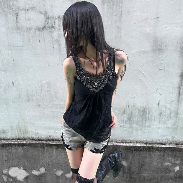 Black Lace Embellished Cami Top