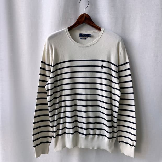 폴로 랄프로렌 피마 코튼 스트라이프 라운드 니트 화이트 네이비 L