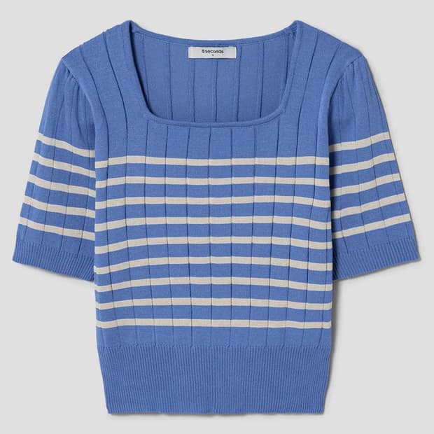 에잇세컨즈 스트라이프 스퀘어넥 풀오버 반팔니트