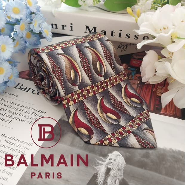 발망 실크 그레이&와인 아트 패턴 넥타이 9.5cm A등급 K1500
