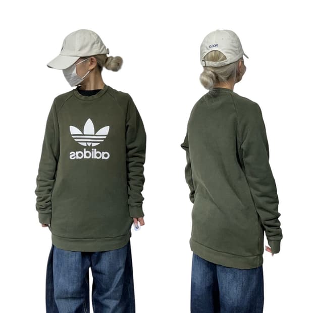 아디다스 카키 화이트 빅 로고 스웻 셔츠 맨투맨 M