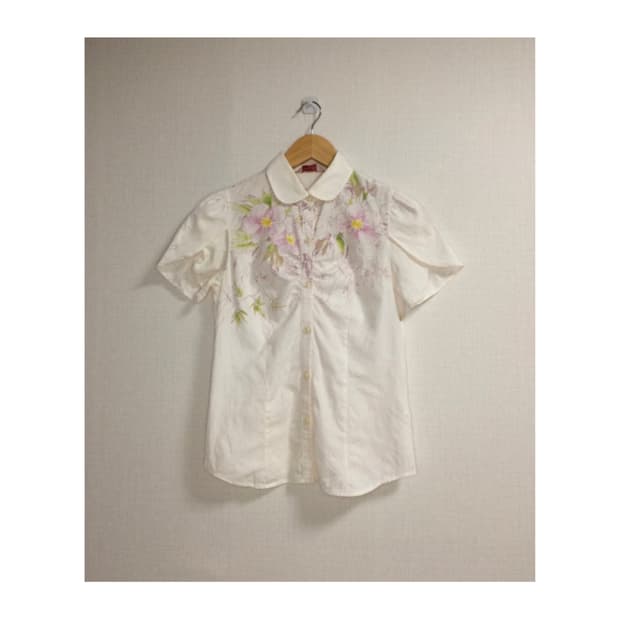 빈티지 연핑크 플라워 셔링 반팔 셔츠