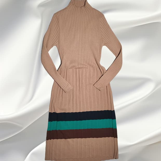 일본 빈티지 배색 골지 니트 롱 원피스