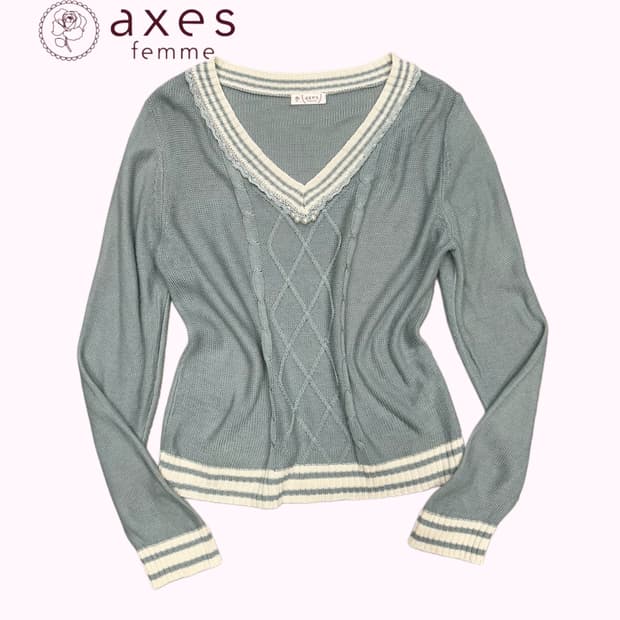 AXES FEMME mint pearl lace v-neck knit