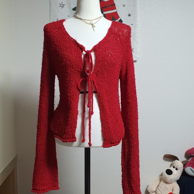 [빈티지] 크리스마스 레드 꽈배기 숏 가디건 니트