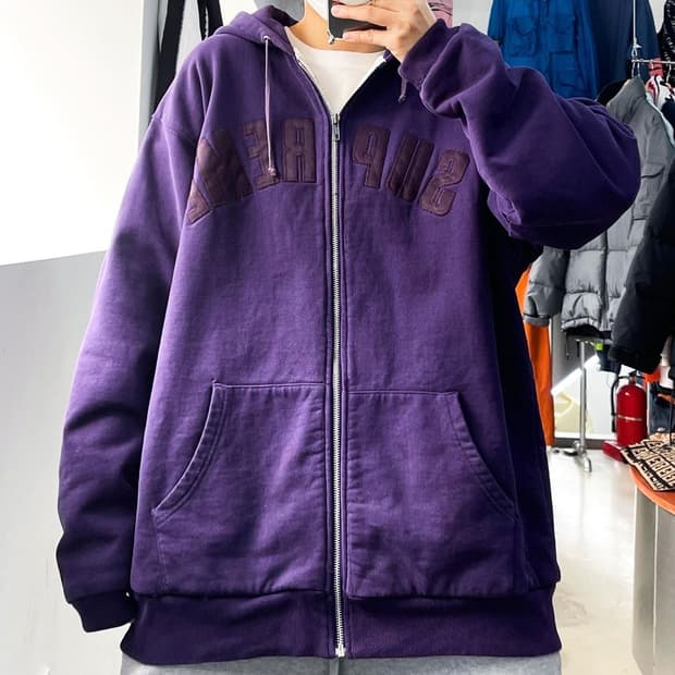 슈프림 아치 로고 퍼플 써멀 헤비 코튼 후드 집업