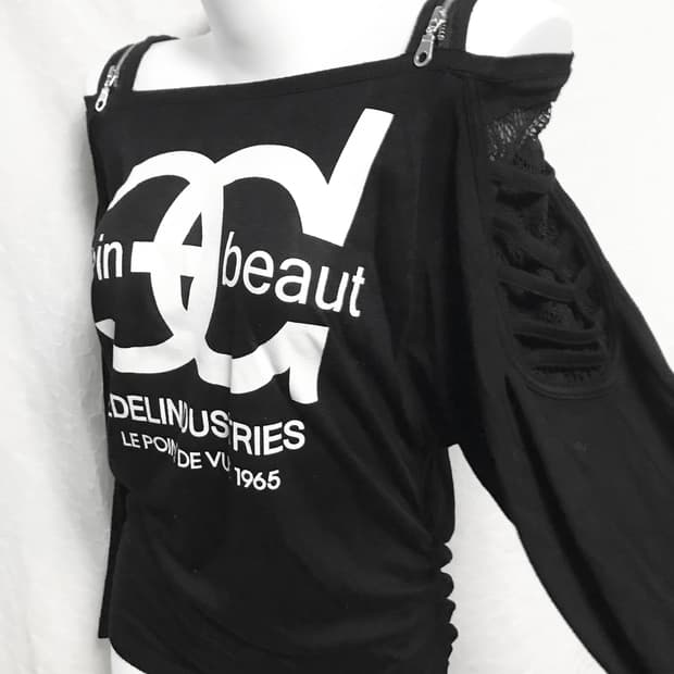 빈티지 갸루 펑크 지퍼 디테일 트임 오프숄더 롱슬리브 탑