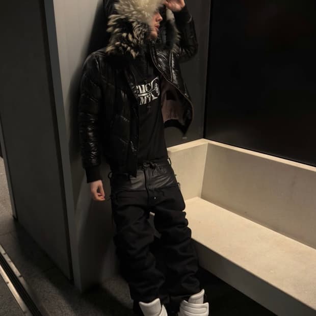 더블 레이어드 레더 & 데님 팬츠