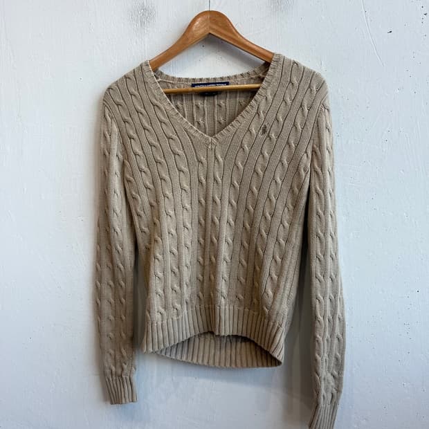 랄프로렌 케이블 브이넥 코튼 니트 우먼즈